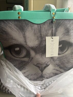 NWT Anya Hindmarch Large Cat Face Tote with Mint Trim
